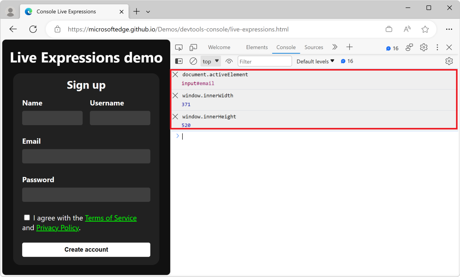 Das Konsolentool in DevTools mit drei Liveausdrücken: document.activeElement, window.innerWidth und window.innerHeight