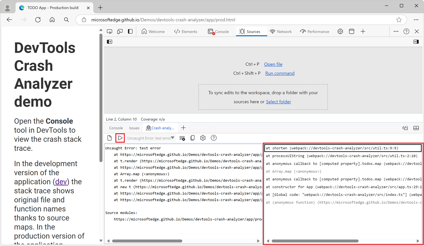 Verwenden des Absturzanalysetools zum Debuggen einer nicht schwerwiegenden JavaScript-Ausnahme