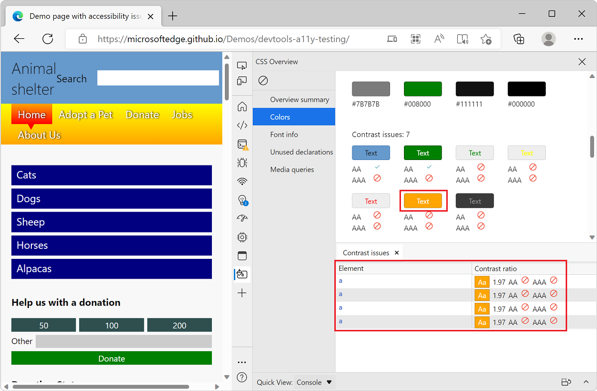 Microsoft Edge mit der ToDO-Listen-Demo-App und DevTools, die eine Liste von Elementen mit einem Farbkontrastproblem anzeigen