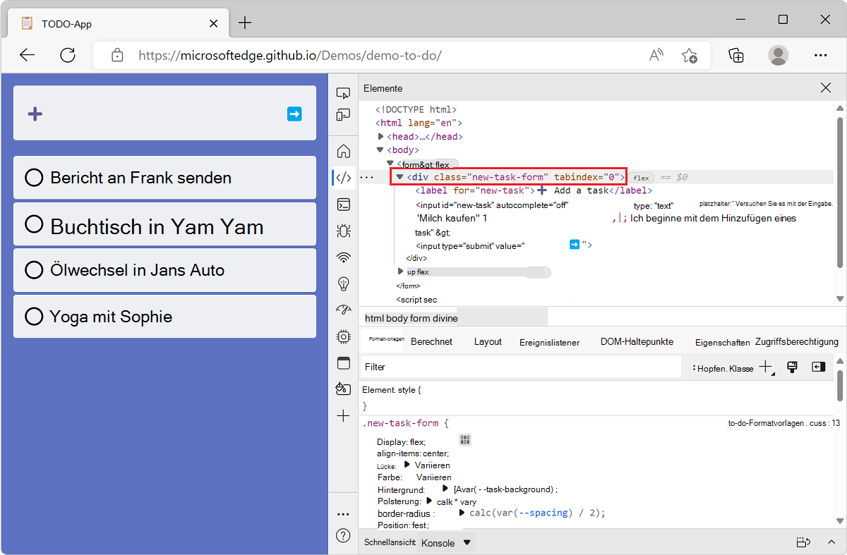 Microsoft Edge mit der Demo-App für die TODO-Liste und DevTools mit dem Tool 