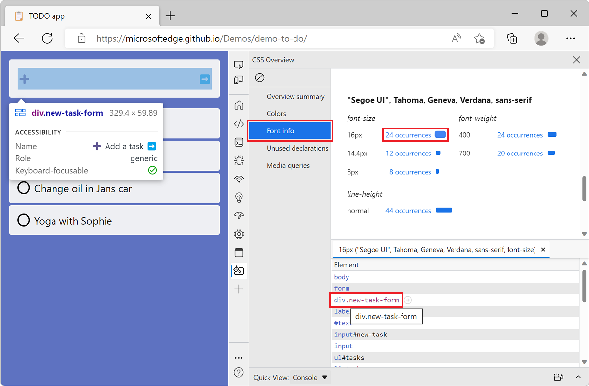 Microsoft Edge mit der ToDO-Listen-Demo-App und DevTools, die die Liste der Elemente für einen bestimmten Schriftgrad und ein hervorgehobenes Element beim Zeigen anzeigt