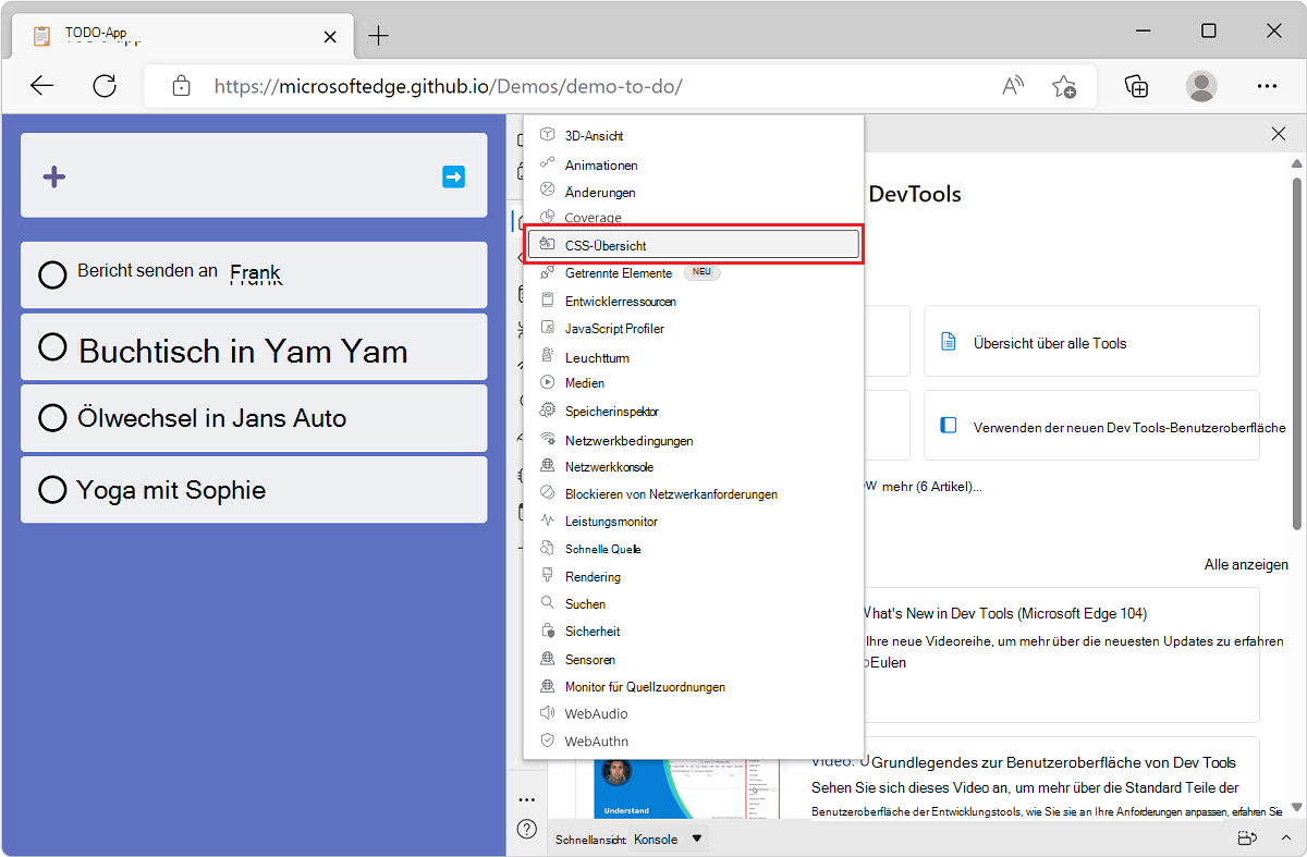 Microsoft Edge mit der Demo-App für die TODO-Liste und DevTools daneben mit der Liste der Tools über die Schaltfläche Weitere Tools