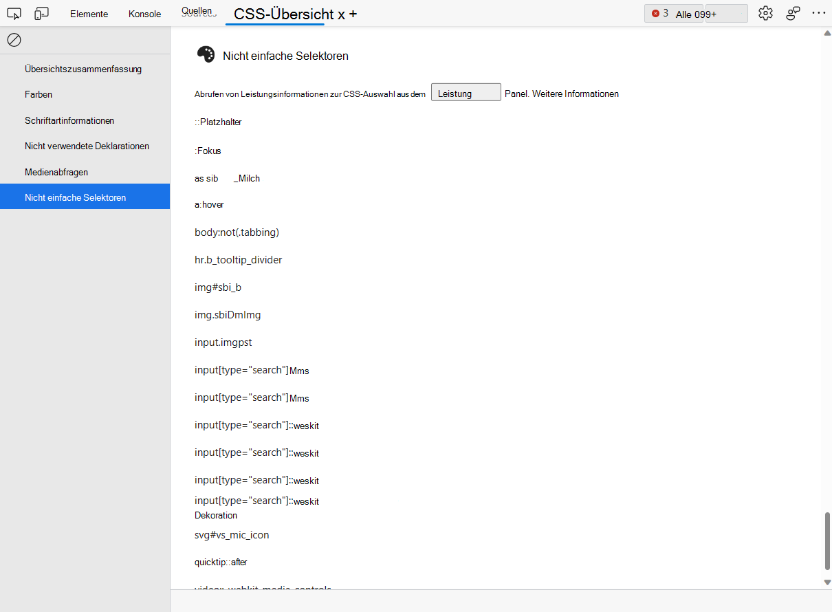 Die Liste der nicht einfachen Selektoren im CSS-Übersichtstool