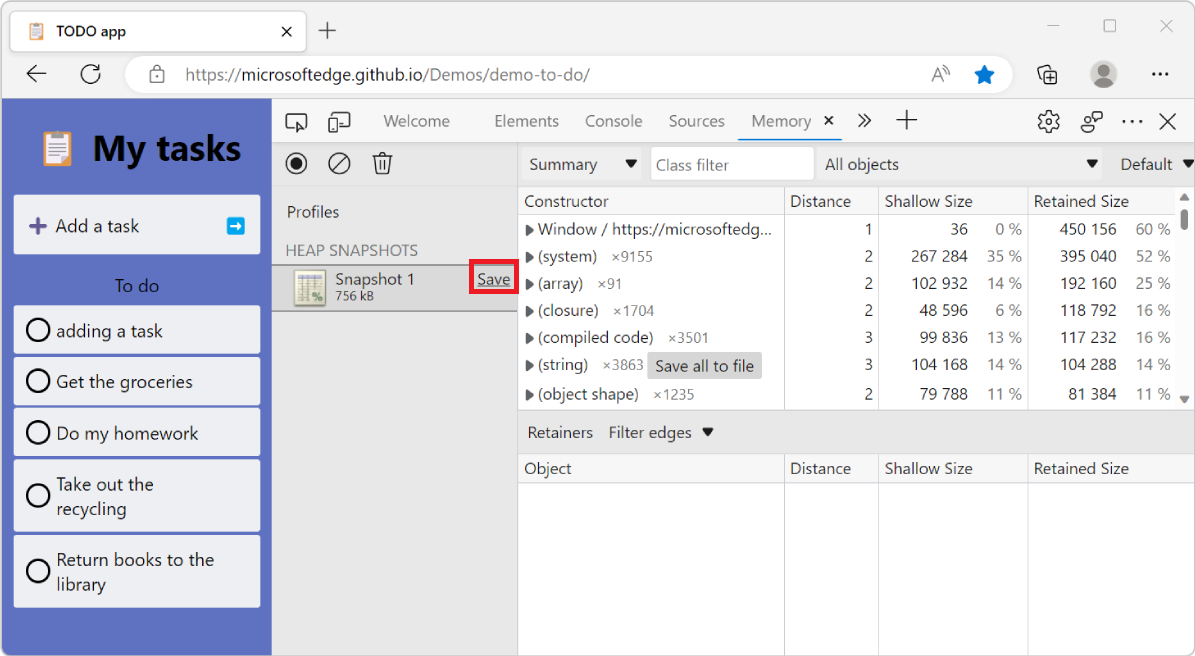 Microsoft Edge mit DevTools mit dem Speichertool und der Schaltfläche 