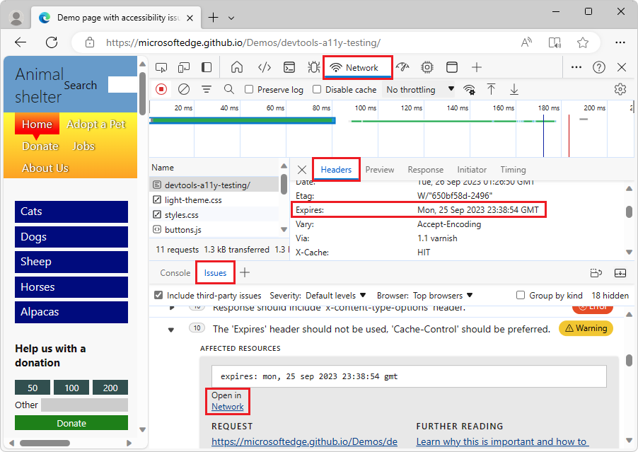 Das Tool Netzwerk wird geöffnet, wenn Sie einen Netzwerkressourcenlink auswählen.