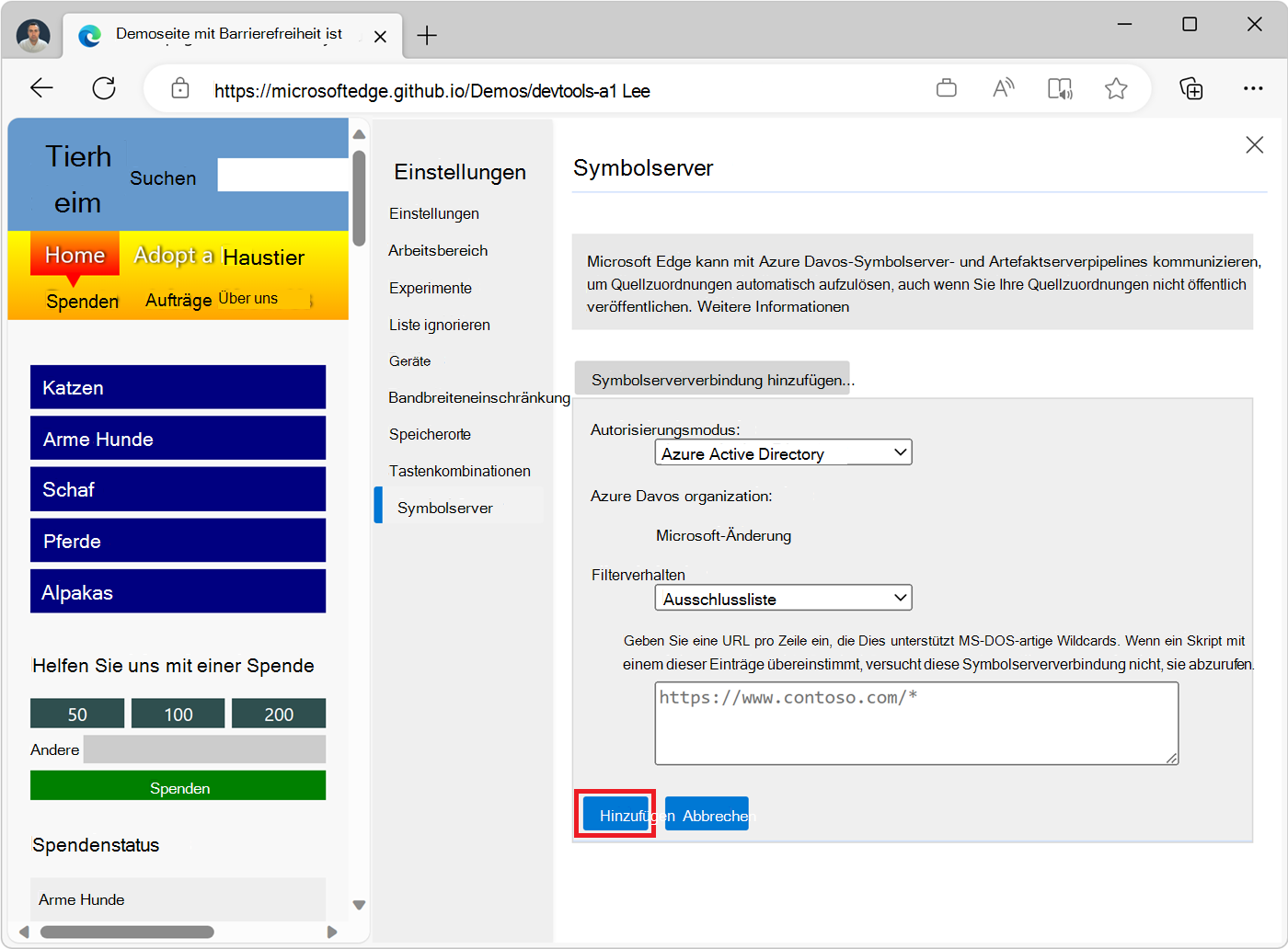 Der Symbolserver-Einstellungsbildschirm in DevTools mit der Schaltfläche Hinzufügen zum Erstellen einer neuen Verbindung