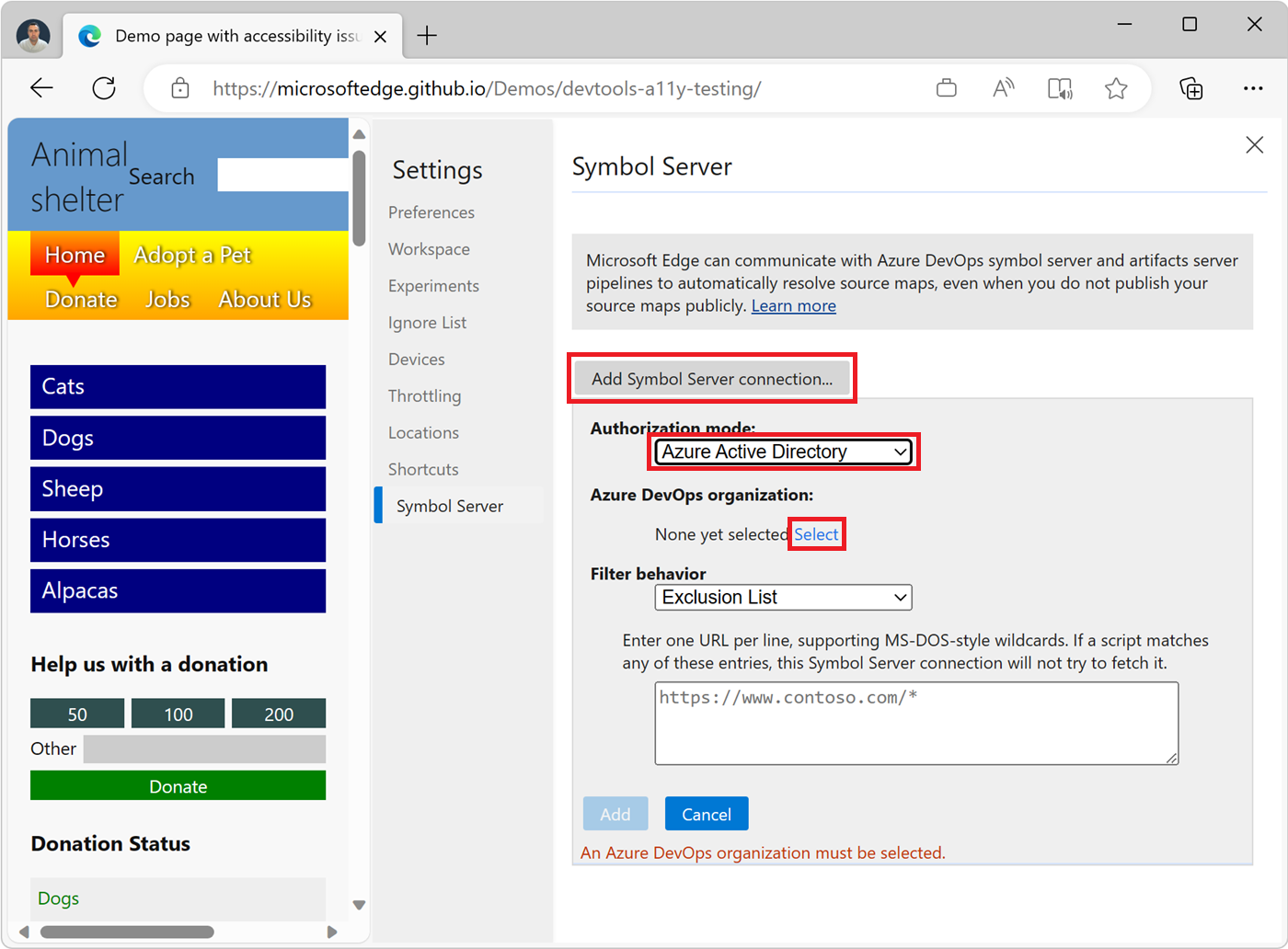 Symbolservereinstellungsbildschirm in DevTools