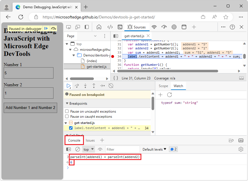 Das Konsolentool nach dem Auswerten von parseInt(addend1) + parseInt(addend2)