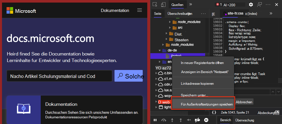 Auswählen einer Datei aus dem Quellentool für Außerkraftsetzungen