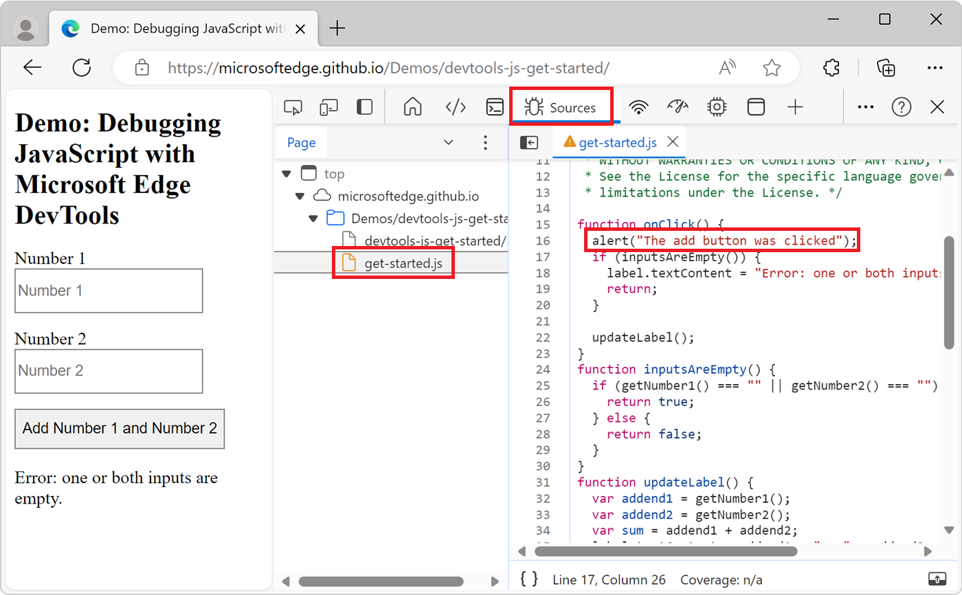 Das Quellentool, das die Codeänderung in der get-started.js-Datei anzeigt