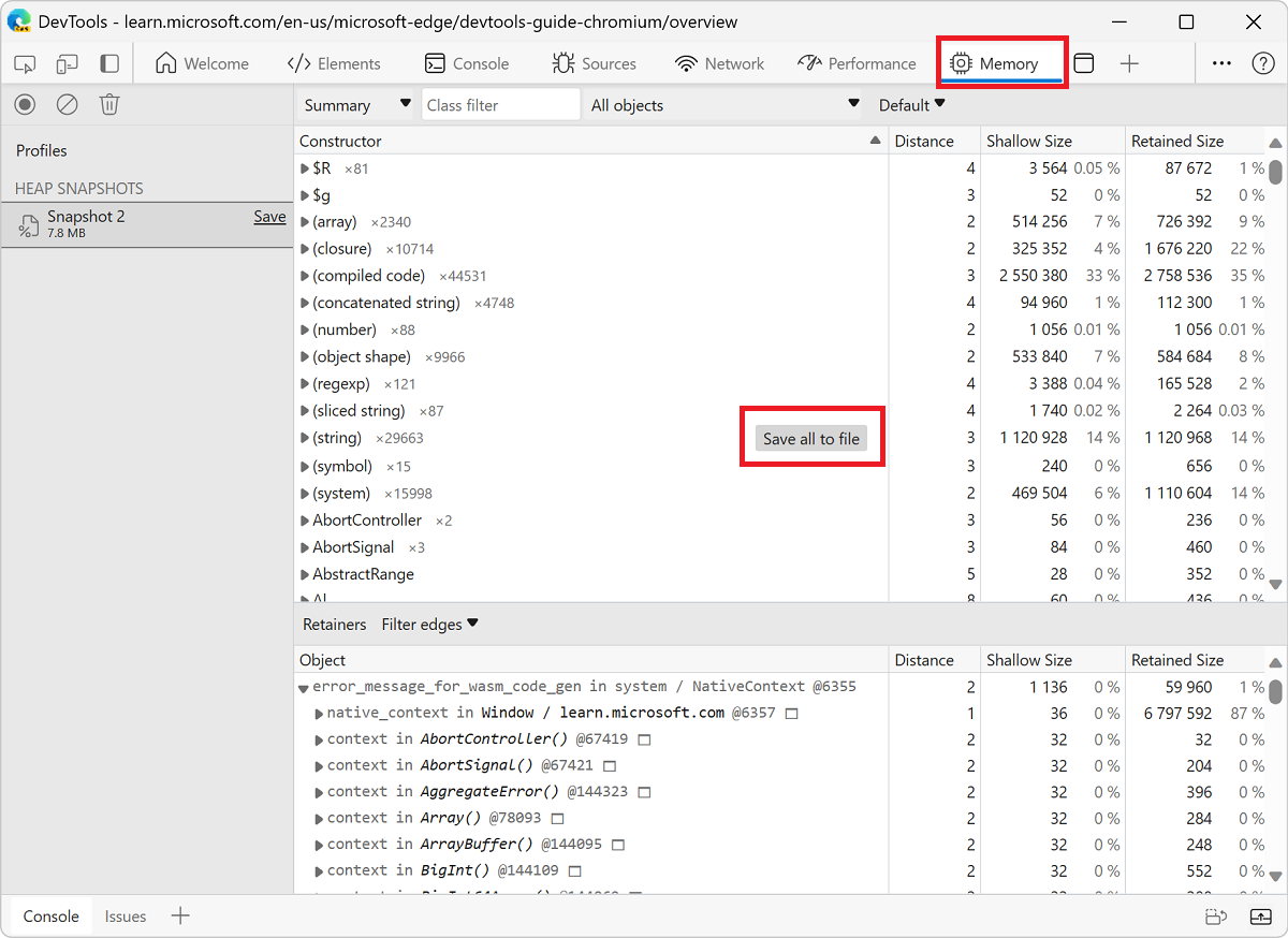 Speichern aller Zeichenfolgen aus einem Heap Momentaufnahme in JSON