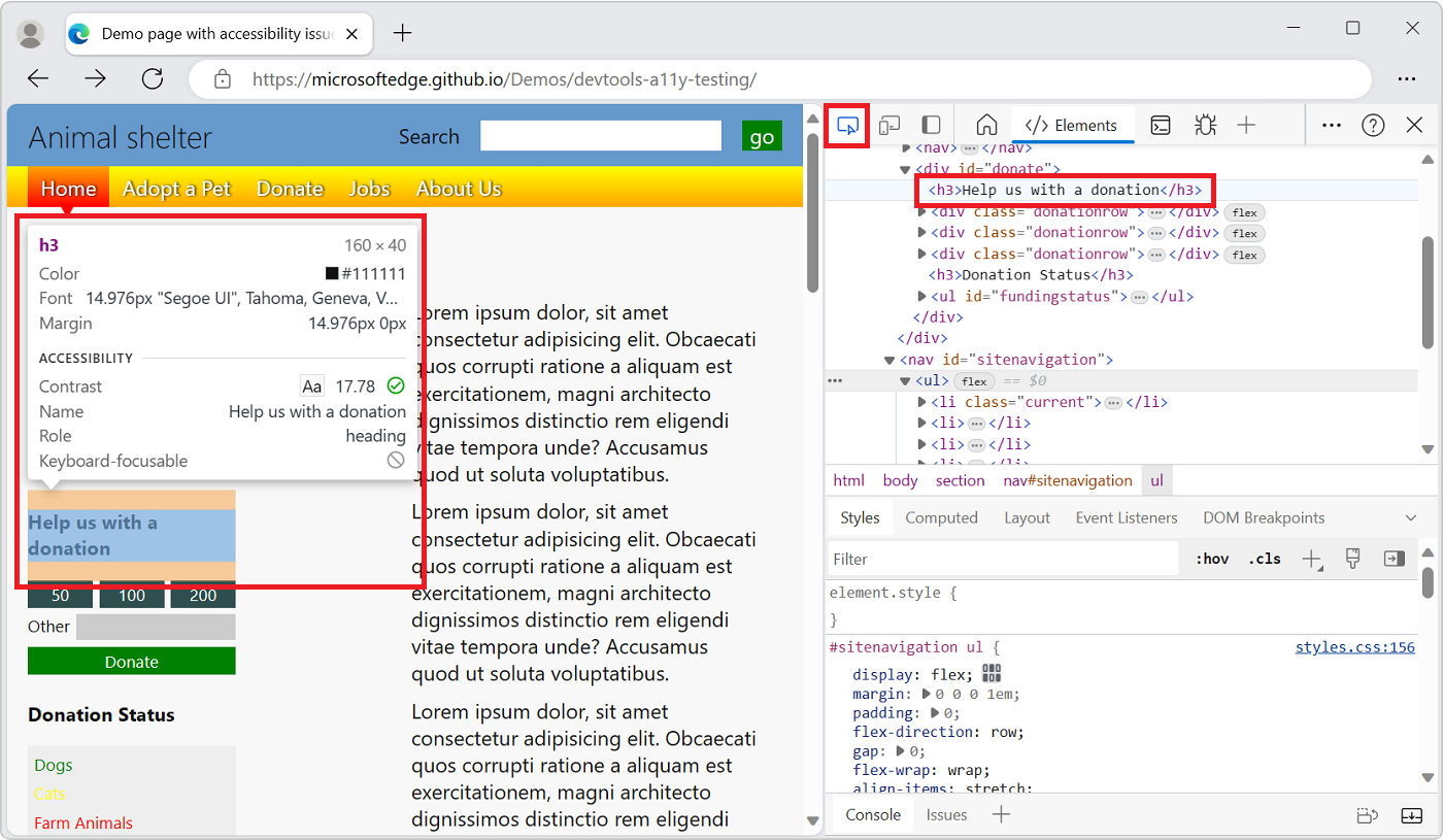 Das Inspect-Tool, während der Mauszeiger auf die erste Überschrift dieses Artikels gezeigt wird