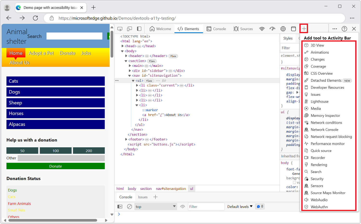 Das Menü Weitere Tools in der Aktivitätsleiste mit der erweiterten Liste aller Tools