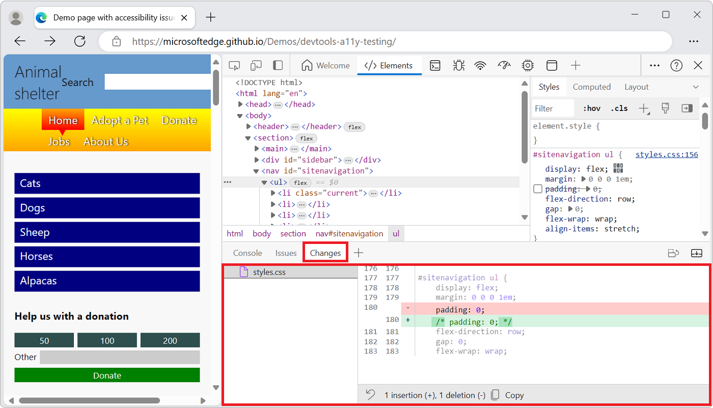 DevTools mit geöffnetem Änderungstool im Bereich 