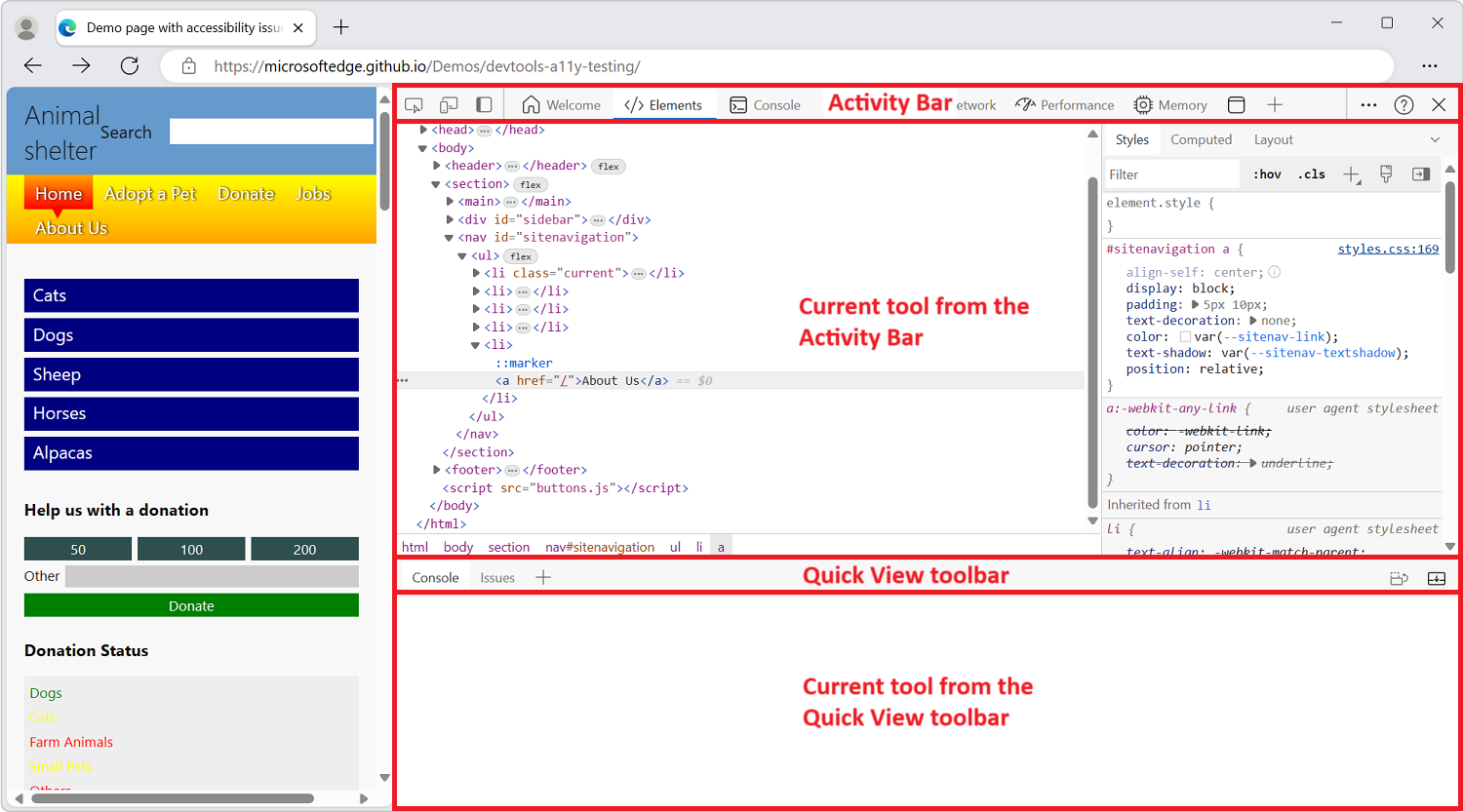 Microsoft Edge mit geöffneten DevTools auf der Seite, wobei die 4 Standard UI-Bereiche hervorgehoben sind