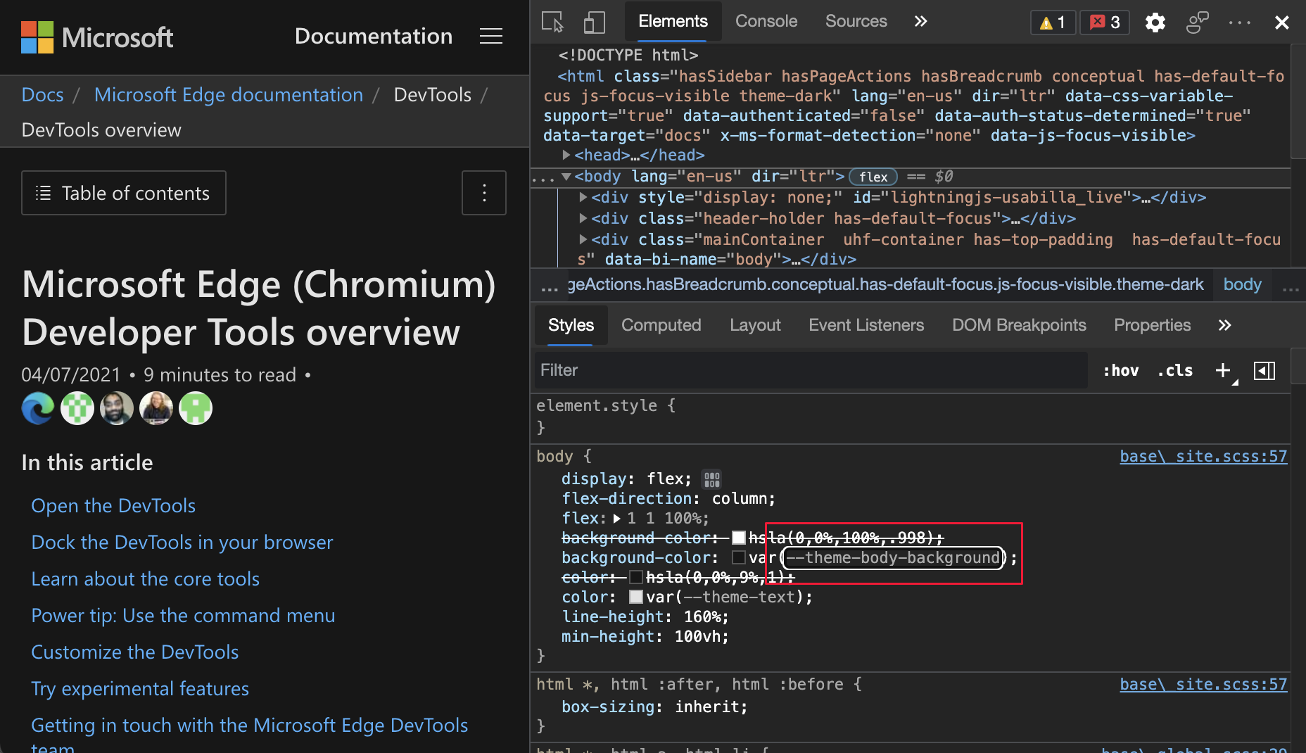 Im Bereich Formatvorlagen hervorgehobene CSS-Variable 