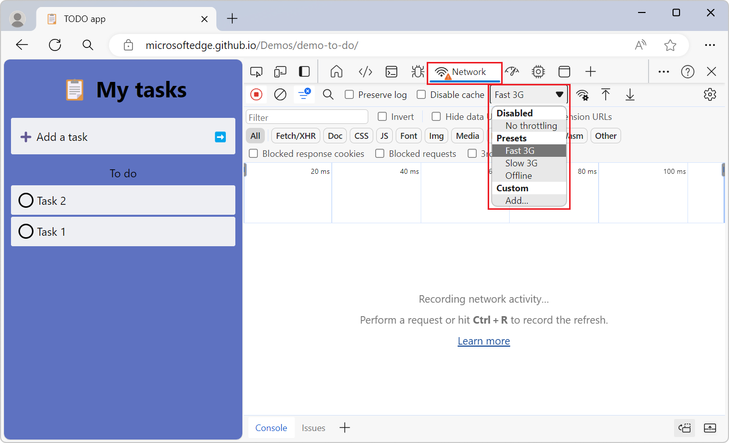 Registerkarte des Netzwerktools mit einem Warnsymbol bei Verwendung der Drosselung