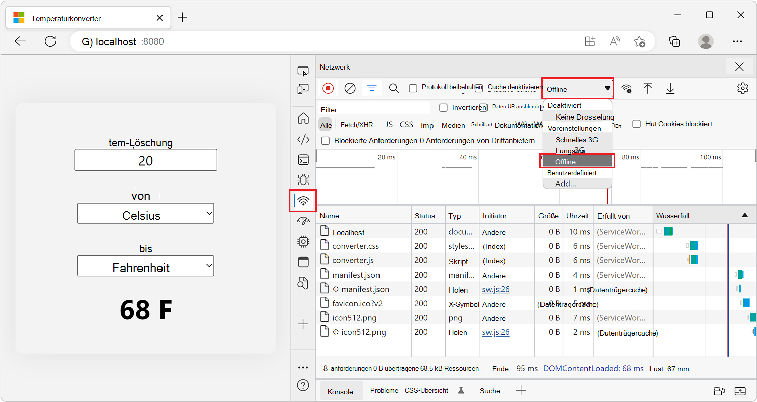 DevTools: Zeigt an, wo der Drosselungswert auf Offline umgestellt werden soll