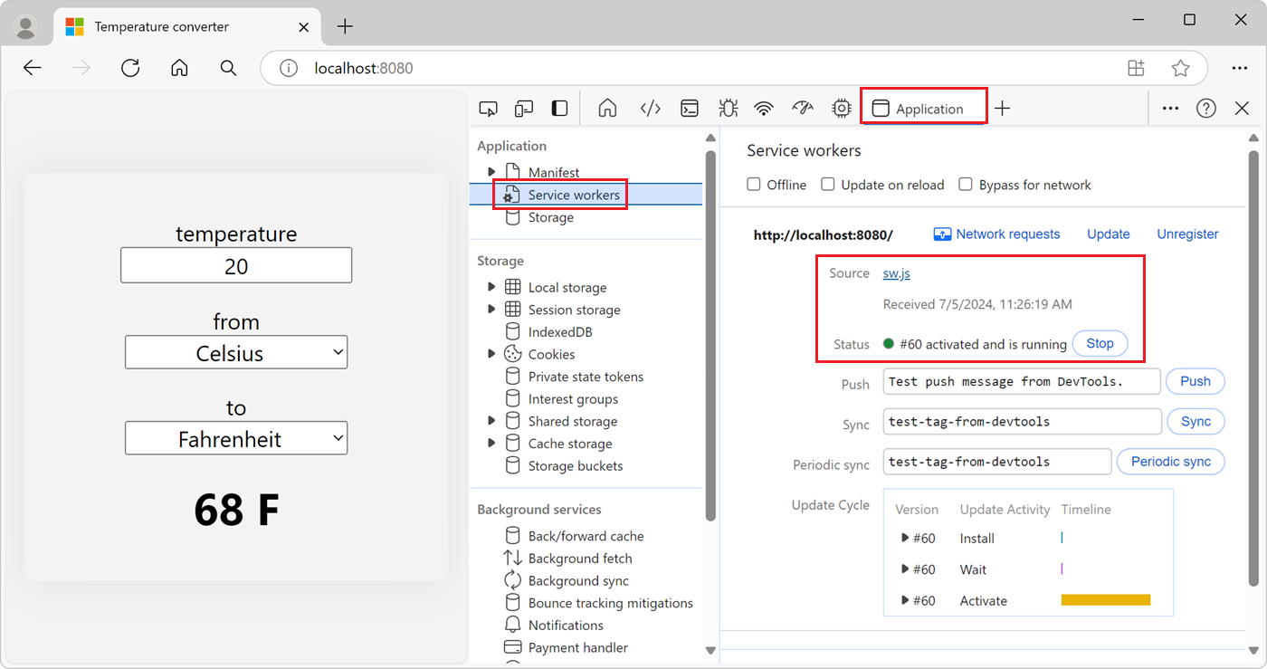 Das DevTools-Anwendungstool, das den Bereich Service Worker anzeigt, wobei der neue sw.js Worker ausgeführt wird