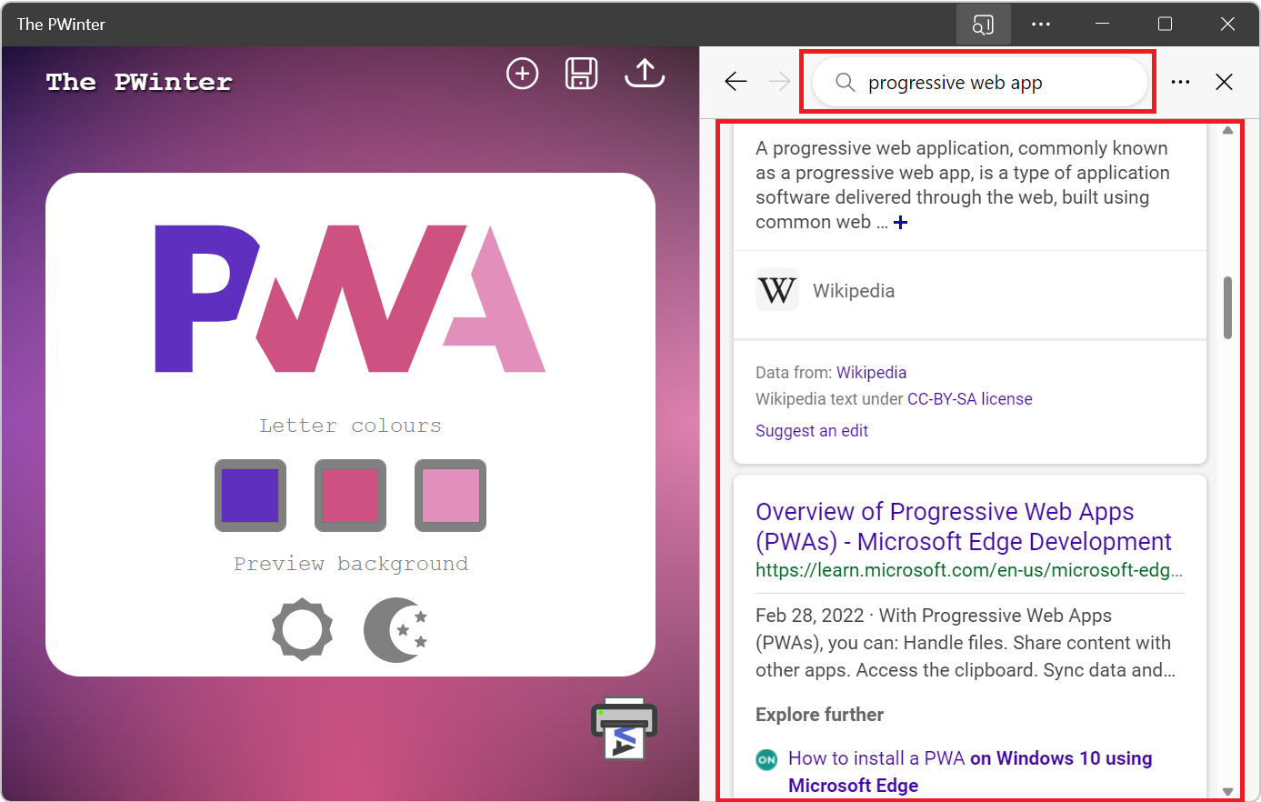 Die Seitenleistensuche, die auf der Seite eines PWA geöffnet ist, mit einigen Suchergebnissen angezeigt