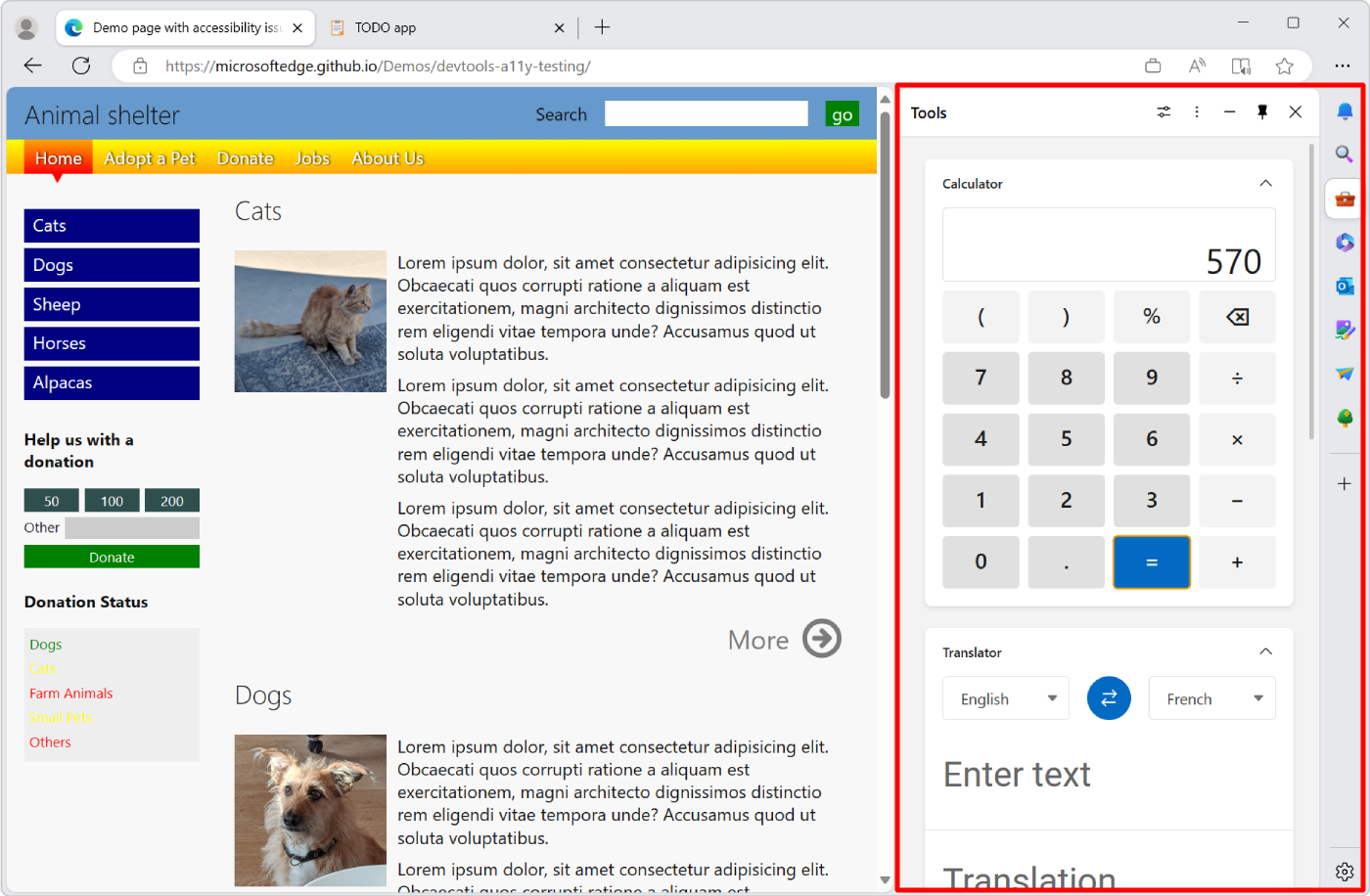 Die Randleiste in Microsoft Edge mit nützlichen Tools neben der Registerkarte Standard