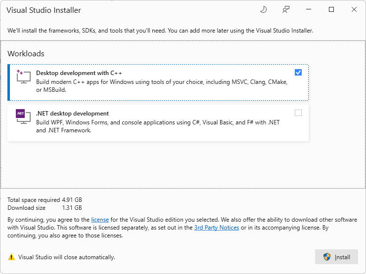 Visual Studio-Installer mit Aufforderung zur Installation der Workload 