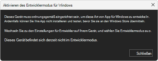 Dialogfeld: Aktivieren des Entwicklermodus für Windows