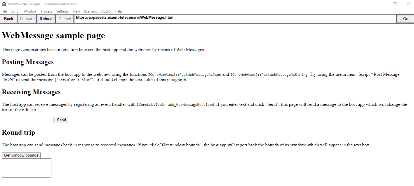 Die Webmessaging-Beispielseite, auf der die grundlegende Interaktion zwischen der Host-App und dem WebView2-instance mithilfe von Webnachrichten veranschaulicht wird