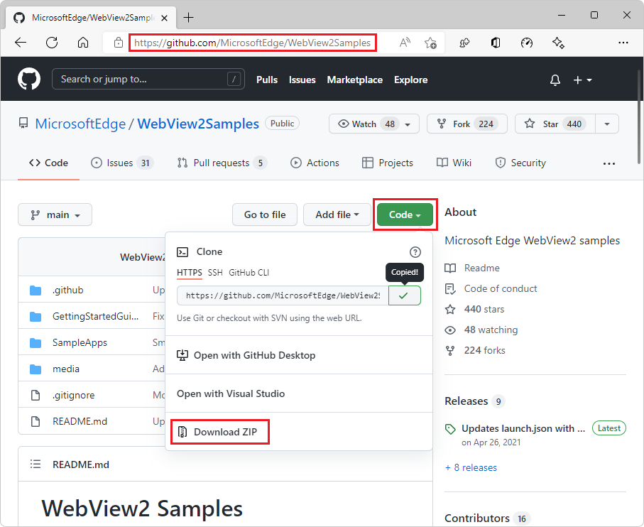 Herunterladen des WebView2Samples-Repositorys