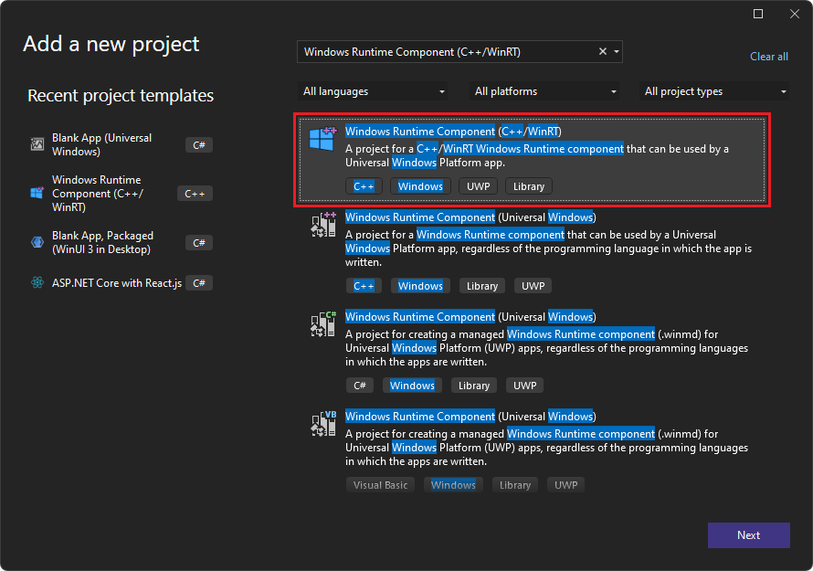 Auswählen der Windows-Runtime-Komponente (C++/WinRT) Karte im Dialogfeld 