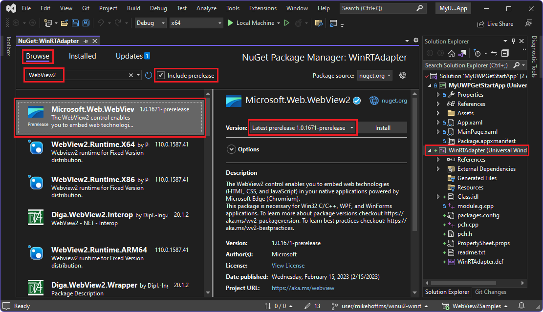 NuGet-Paket-Manager, Auswählen des WebView2 SDK-Pakets für das WinRTAdapter-Projekt