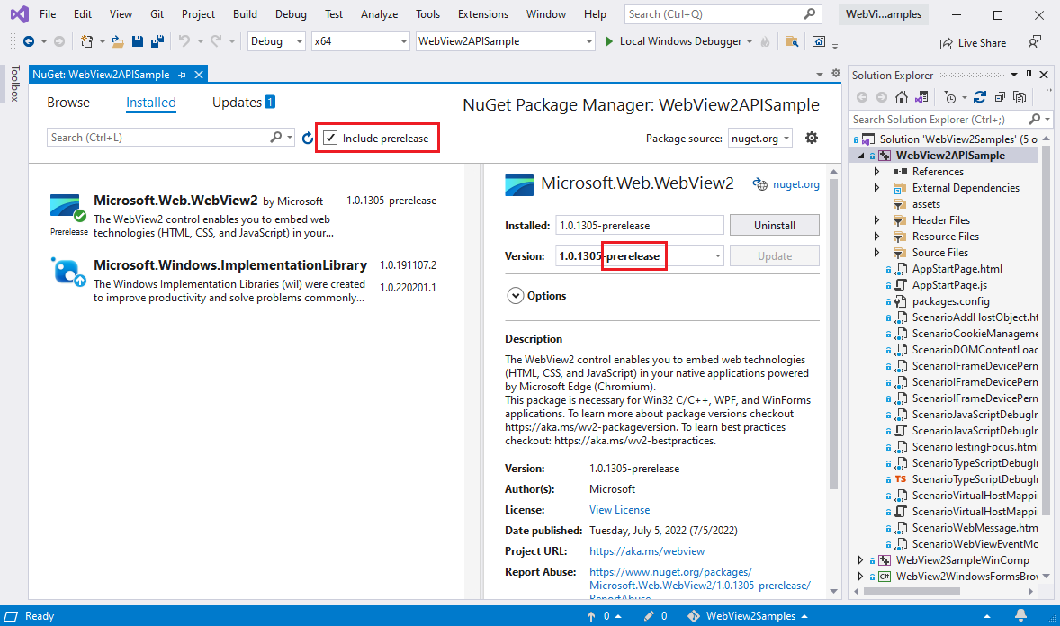 NuGet-Paket-Manager mit ausgewählter WebView2 SDK-Vorabversion