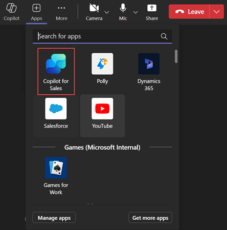 Screenshot, der das Hinzufügen der App Copilot für Vertrieb während dem Meeting zeigt.