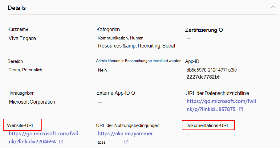 Screenshot: Dokumentationslinks im Admin Center für eine App auf ihrer Detailseite