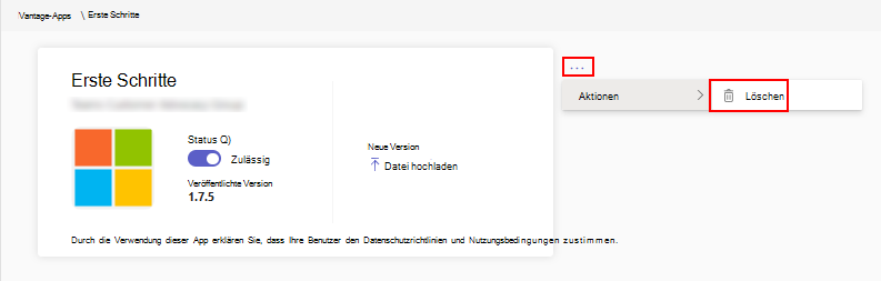 Screenshot: Option zum Löschen oder Entfernen einer benutzerdefinierten App im Admin Center