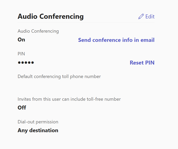 Screenshot der Audiokonferenzeinstellungen für einen Benutzer im Microsoft Teams Admin Center.