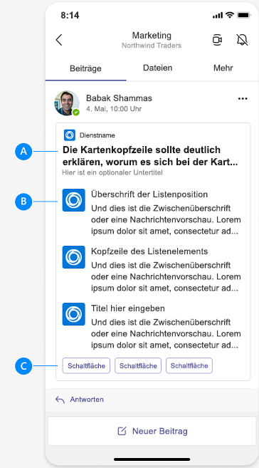 Der Screenshot zeigt die Anatomie der adaptiven Karte auf mobilgeräten.