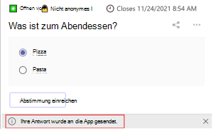 Screenshot: Erfolgsmeldung in einer adaptiven Karte