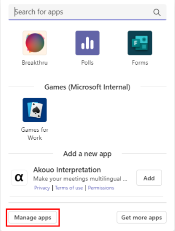 Screenshot: Option zum Verwalten von Apps im Teams-Anruf