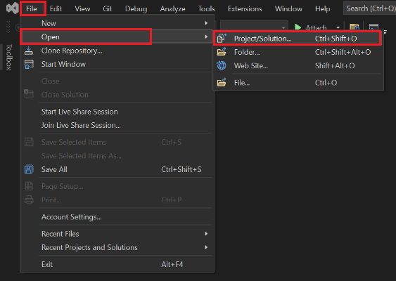 Screenshot: Visual Studio mit rot hervorgehobener Option 