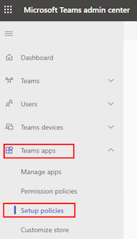 Screenshot des Microsoft Teams Admin Centers mit rot hervorgehobenen Teams-Apps und Setuprichtlinien.