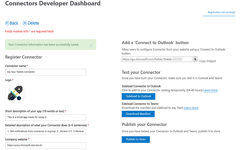 Screenshot des Connectors-Entwicklerdashboards mit den Details zum erfolgreichen Registrieren des neuen Connectors.