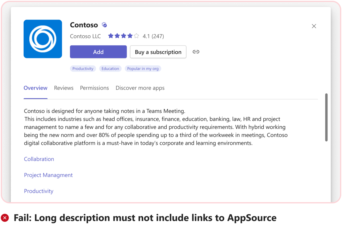 Die Grafik zeigt ein Beispiel für ein Fehlerszenario mit Links zu AppSource in der langen App-Beschreibung.