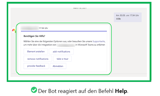 Die Grafik zeigt ein Beispiel für den Bot, der eine gültige Antwort an den Befehl help sendet.