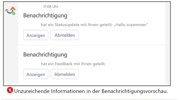 Der Screenshot zeigt ein Beispiel für eine Benachrichtigung, die nur ein Bit mit unzureichenden Informationen in der Vorschau enthält.