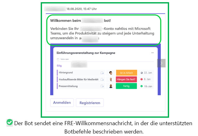 Die Grafik zeigt ein Beispiel für den Bot, der eine Willkommensnachricht sendet, wenn der Bot über einen komplexen Konfigurationsworkflow verfügt.