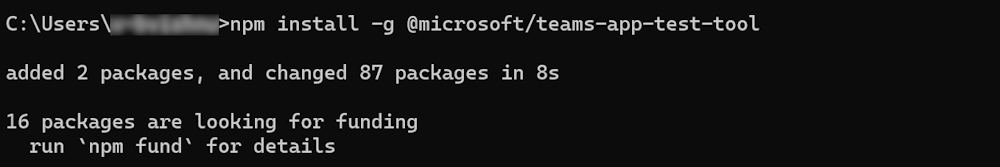 Screenshot der Cli zum Installieren des Teams-App-Testtools.
