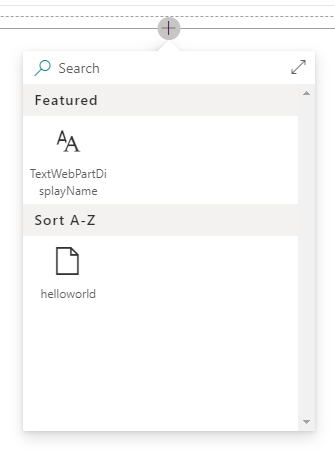 Screenshot: SPFx Workbench, die mit dem Popupfenster ausgeführt wird, um eine Webpartauswahl hinzuzufügen