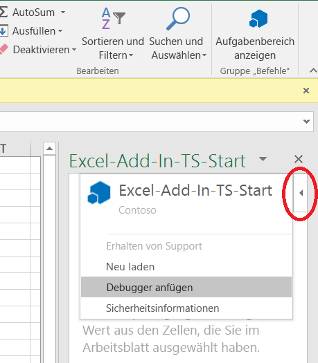 Das Menü Debugger anfügen im Add-In-Aufgabenbereich.