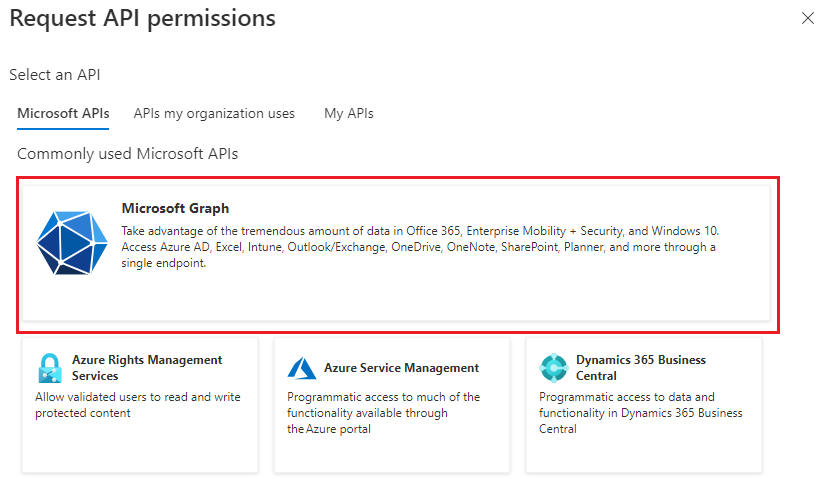 Der Bereich API-Berechtigungen anfordern mit der Microsoft Graph-Schaltfläche.